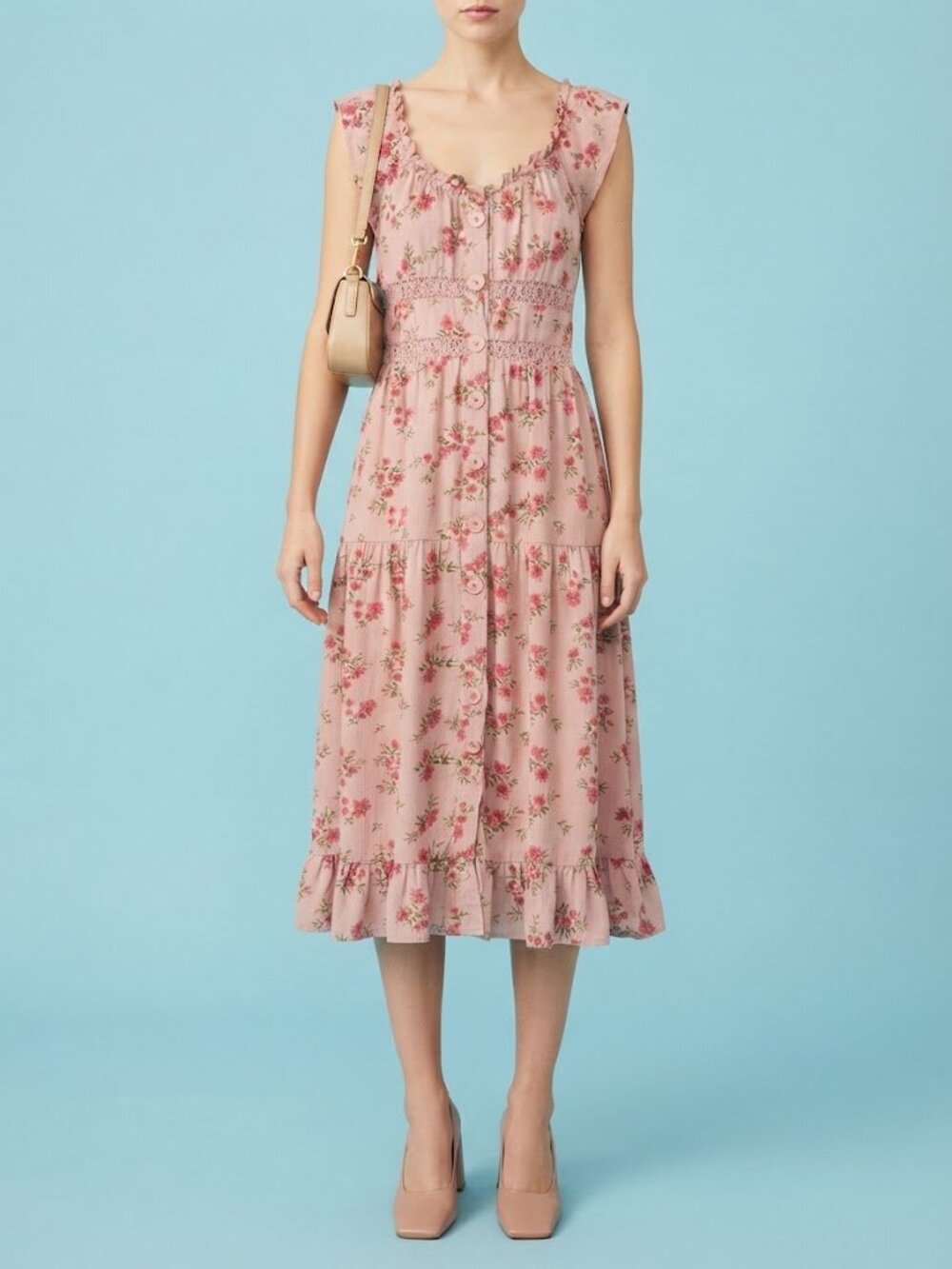 Pink Floral Button Front Smock Midi Sundress with Ruffle & Lace Details